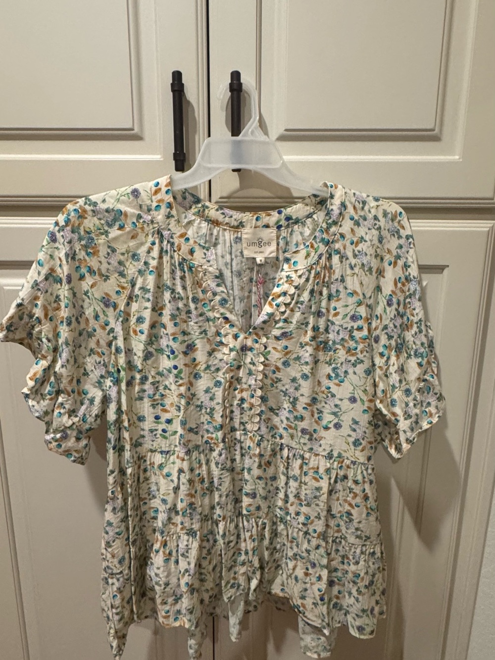 Umgee Cream Floral Peplum Tunic with Blue & Green Accents